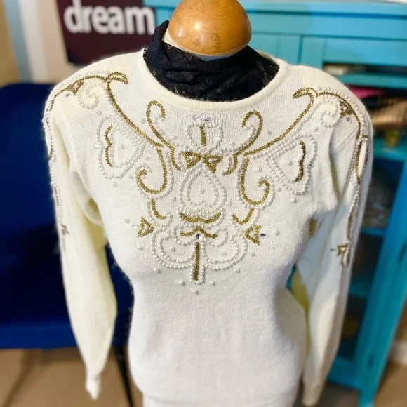 Vintage Darian Cream Sweater Dress w/ Pearls, Rhinestones & Gold Beading - Picture 2 of 4